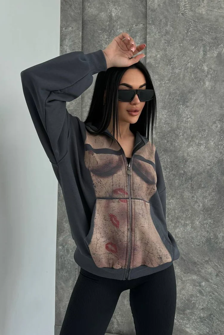 Bad Girl Style Nude Print Zipped Hoodie - Image 4
