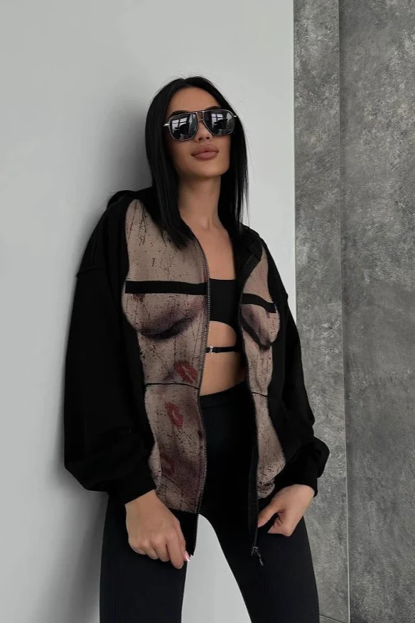 Bad Girl Style Nude Print Zipped Hoodie - Image 5