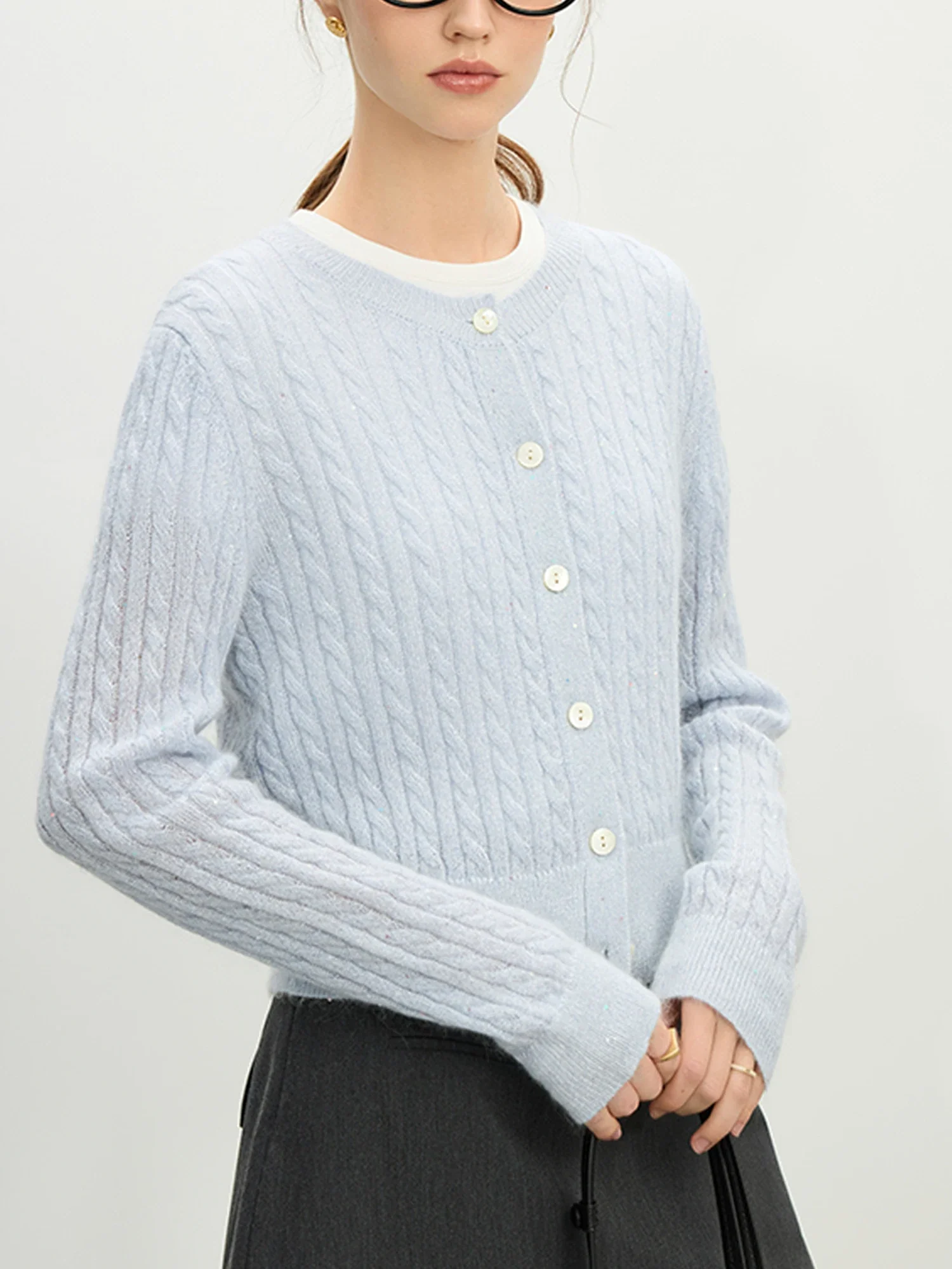 Beaded Round Neck Silk Blue Cardigan - Image 2