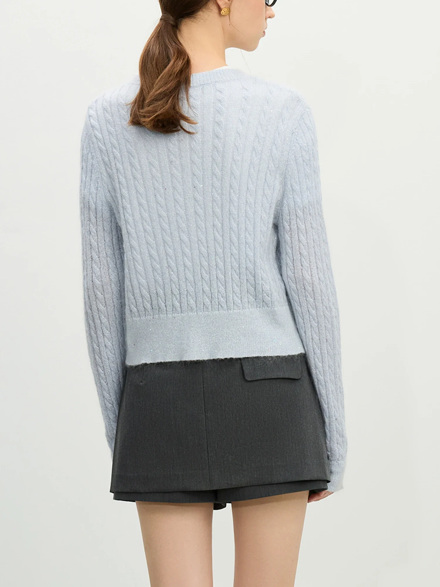 Beaded Round Neck Silk Blue Cardigan - Image 3