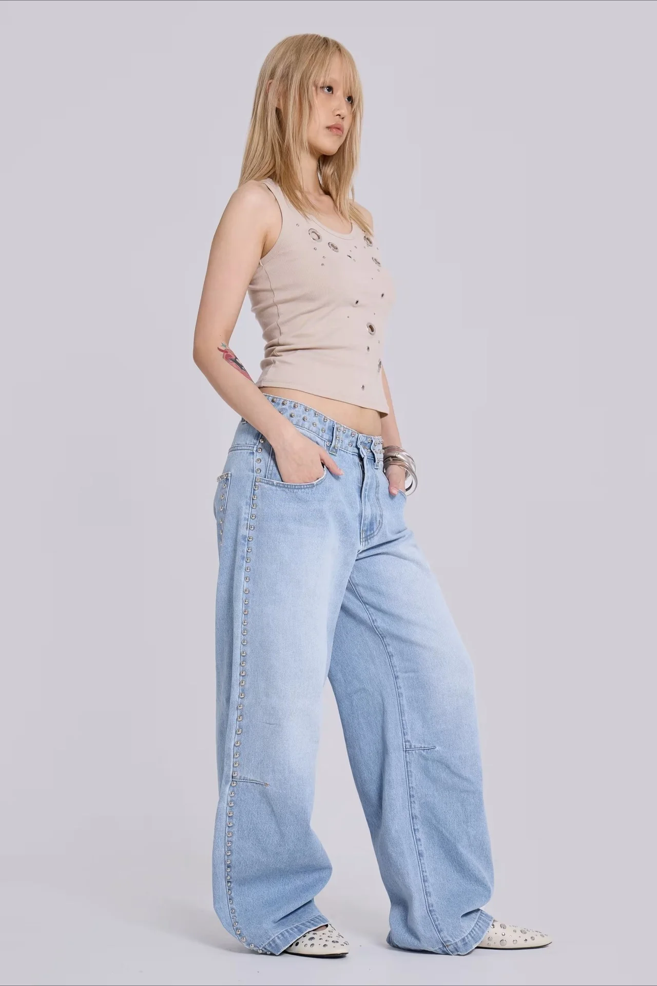 Beaded Wide Leg Denim Jeans - Image 5