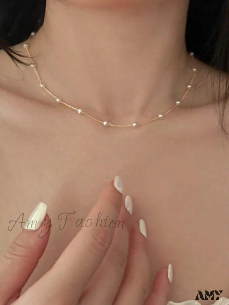 Amy Fashion - Beads Women's Neck Chain Kpop Pearl Choker Necklace