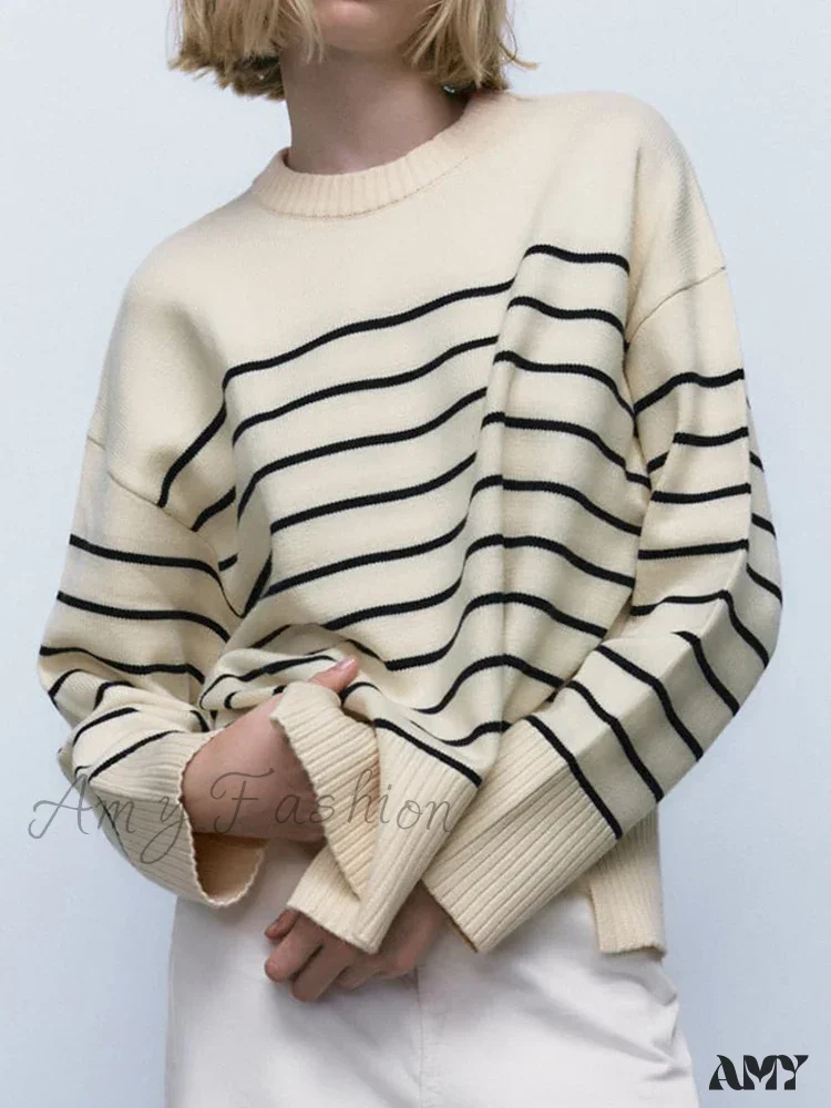 Beige Stripe Baggy Women Pullover Streetwear Long Sleeve Knitted Loose Sweater - Image 2