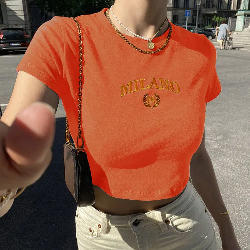 Black Letter Embroidery Crop O-neck T-shirt - Image 3