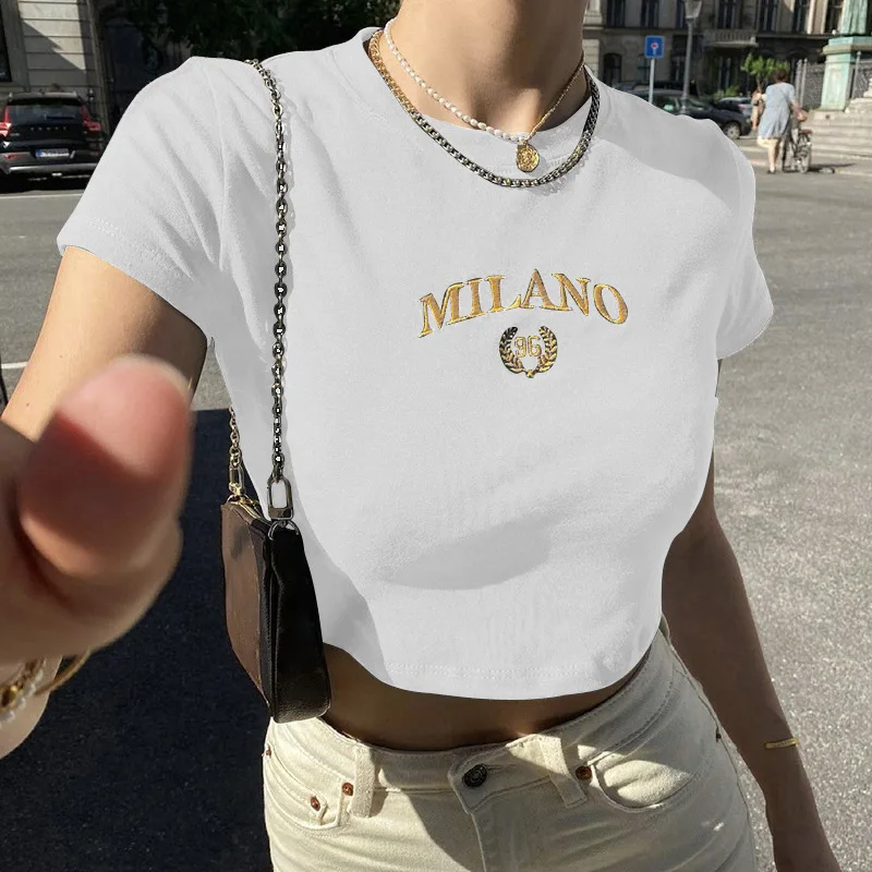 Black Letter Embroidery Crop O-neck T-shirt - Image 4