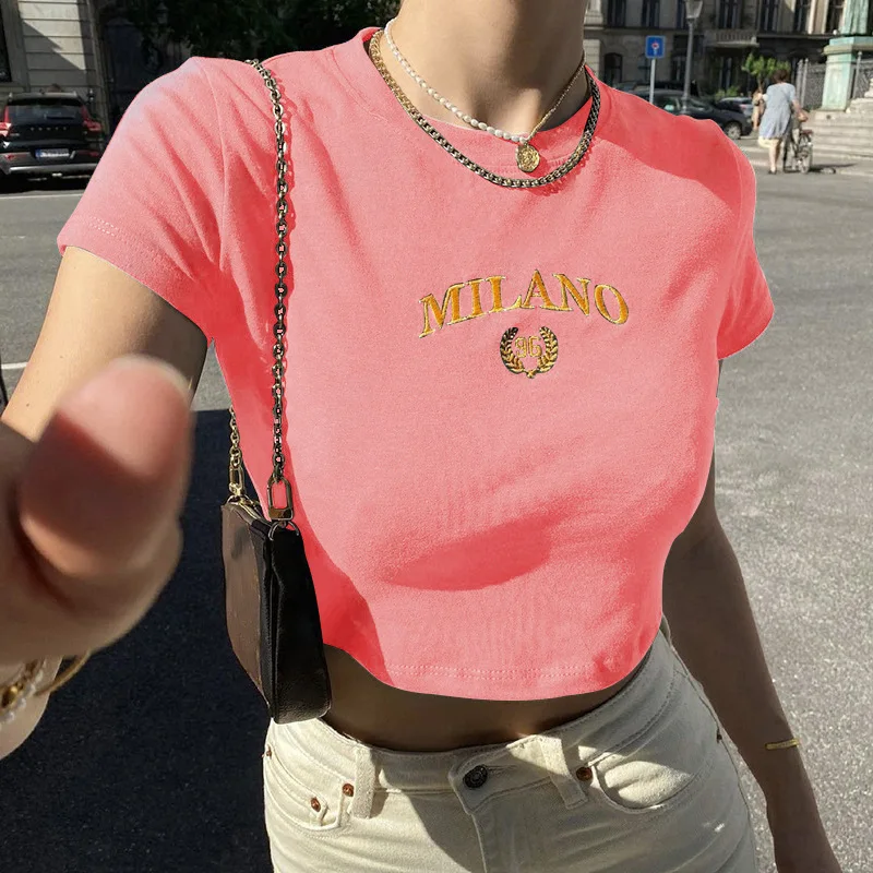 Black Letter Embroidery Crop O-neck T-shirt - Image 6