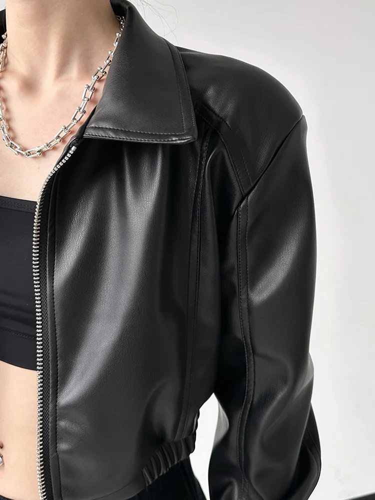 Black PU Retro Lapel Crop Coat - Image 2