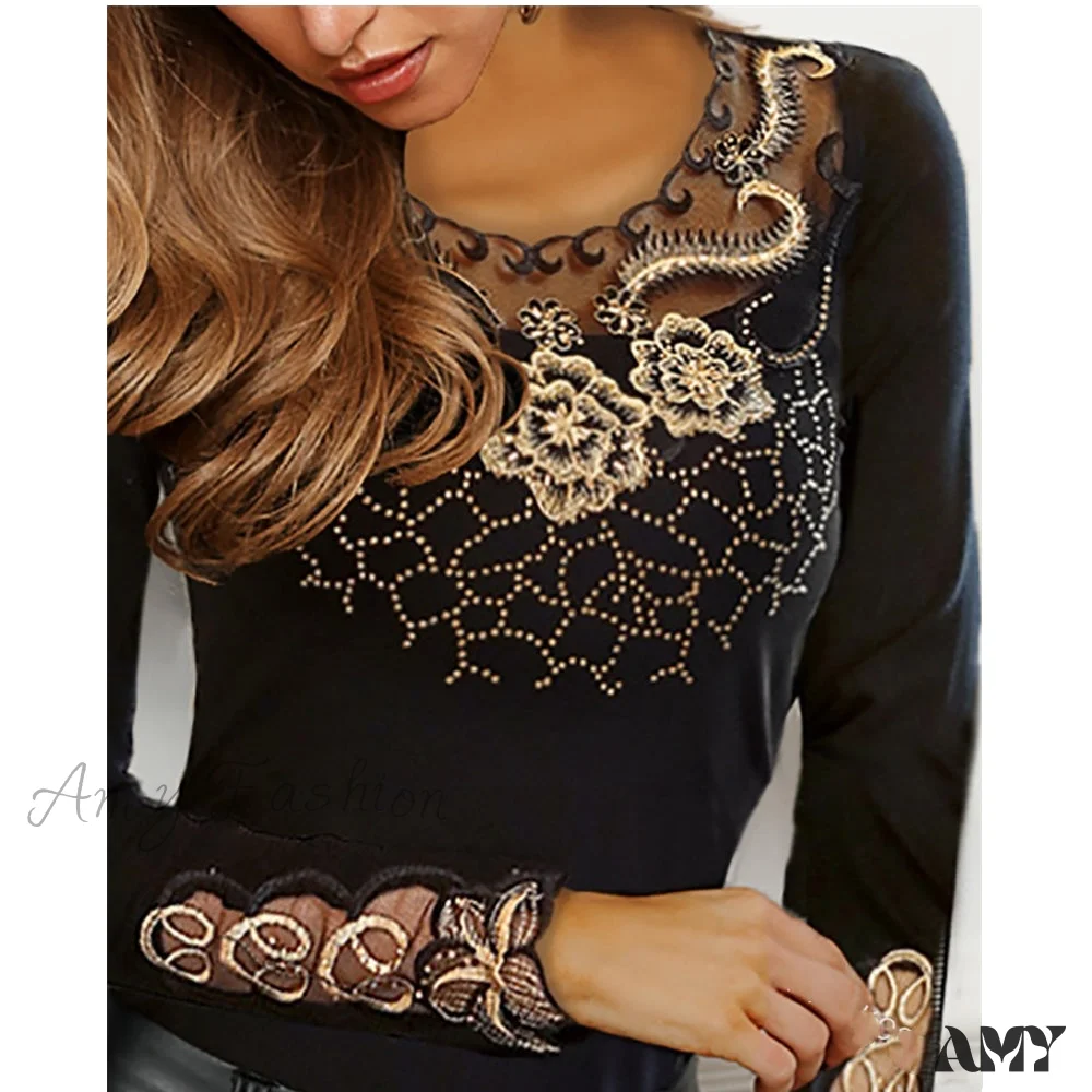 Amy Fashion - Long Sleeve Slim Mesh Lace Diamonds Decor Tee - Image 12