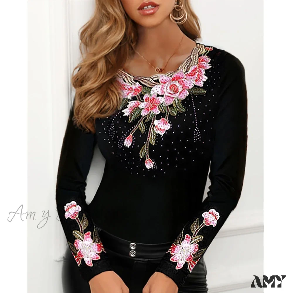 Amy Fashion - Long Sleeve Slim Mesh Lace Diamonds Decor Tee - Image 14