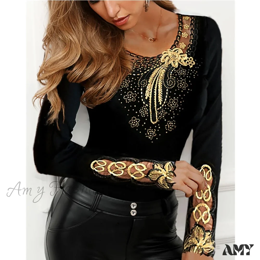 Amy Fashion - Long Sleeve Slim Mesh Lace Diamonds Decor Tee - Image 15