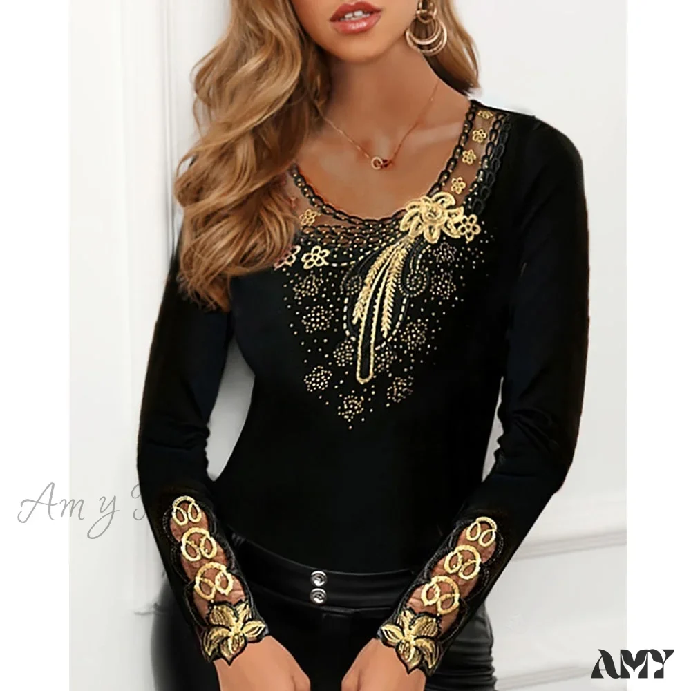 Amy Fashion - Long Sleeve Slim Mesh Lace Diamonds Decor Tee - Image 16
