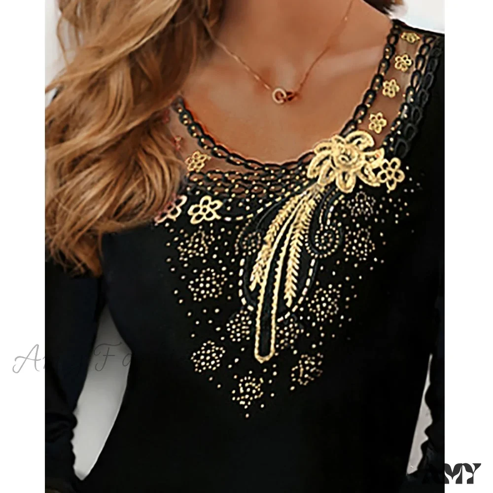 Amy Fashion - Long Sleeve Slim Mesh Lace Diamonds Decor Tee - Image 17
