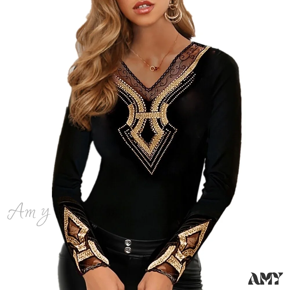 Amy Fashion - Long Sleeve Slim Mesh Lace Diamonds Decor Tee - Image 21