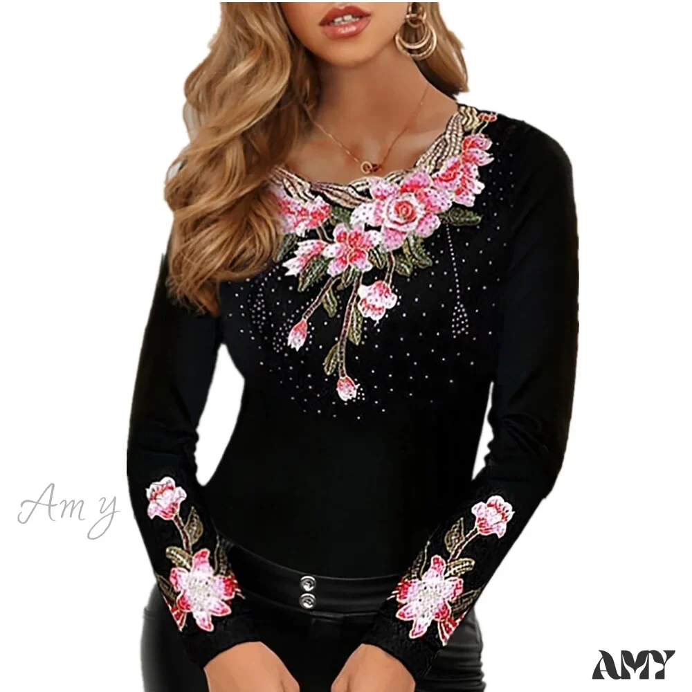 Amy Fashion - Long Sleeve Slim Mesh Lace Diamonds Decor Tee - Image 22
