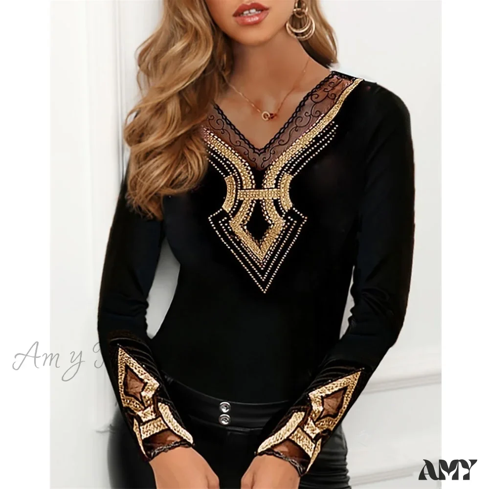 Amy Fashion - Long Sleeve Slim Mesh Lace Diamonds Decor Tee - Image 6