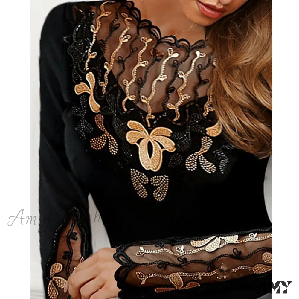 Amy Fashion - Long Sleeve Slim Mesh Lace Diamonds Decor Tee - Image 9