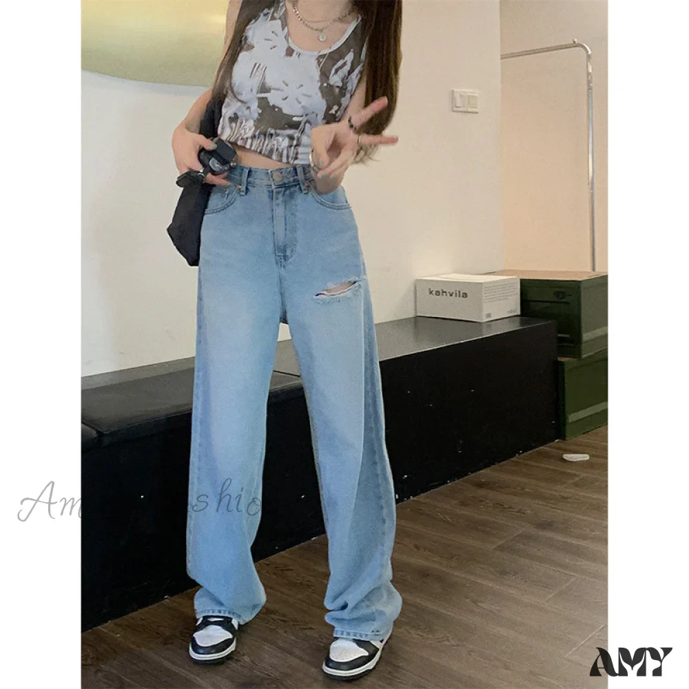 Amy Fashion - Wide Leg Blue Ripped Straight Jeans - Image 3