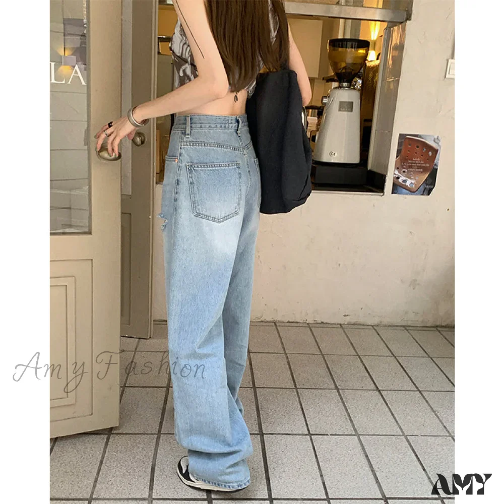 Amy Fashion - Wide Leg Blue Ripped Straight Jeans - Image 4