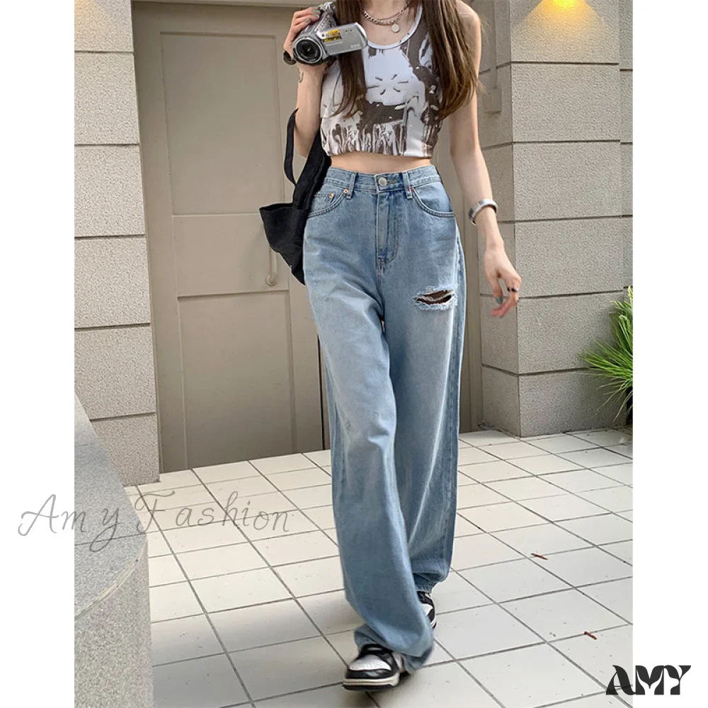 Amy Fashion - Wide Leg Blue Ripped Straight Jeans - Image 5