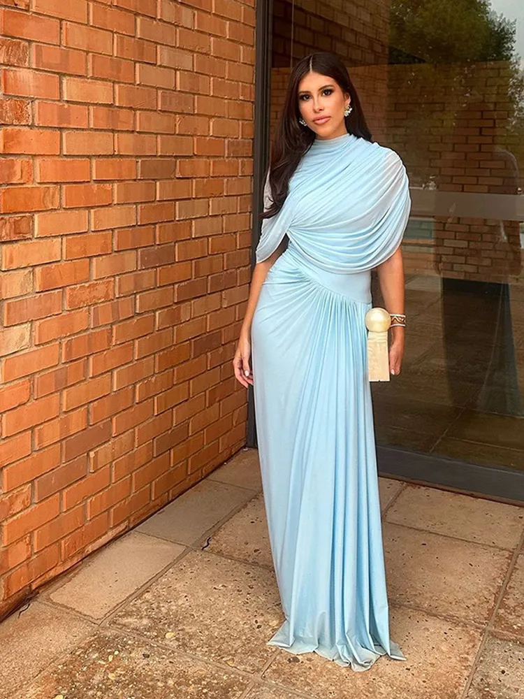 Blue Shawl Pleated A-line Maxi Dress - Image 2