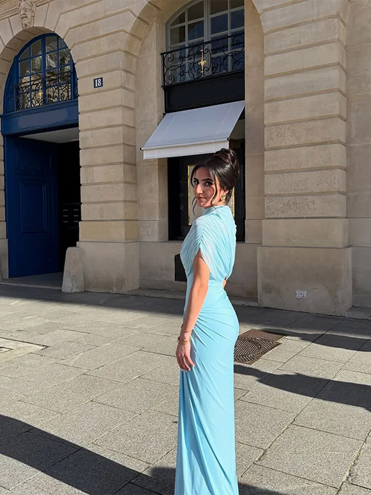 Blue Shawl Pleated A-line Maxi Dress - Image 3