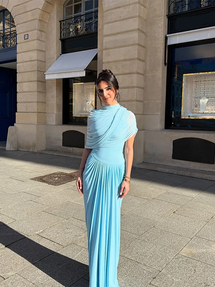 Blue Shawl Pleated A-line Maxi Dress - Image 4