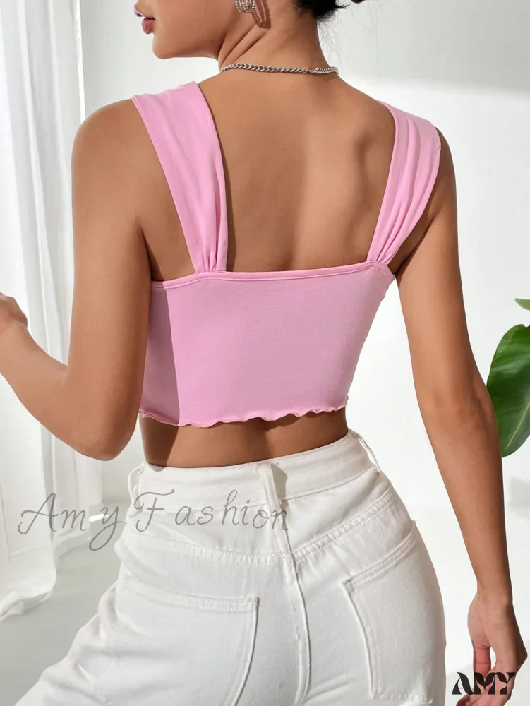 Amy Fashion - Bow Front Lettuce Trim Crop Wide Strap Top - Image 2