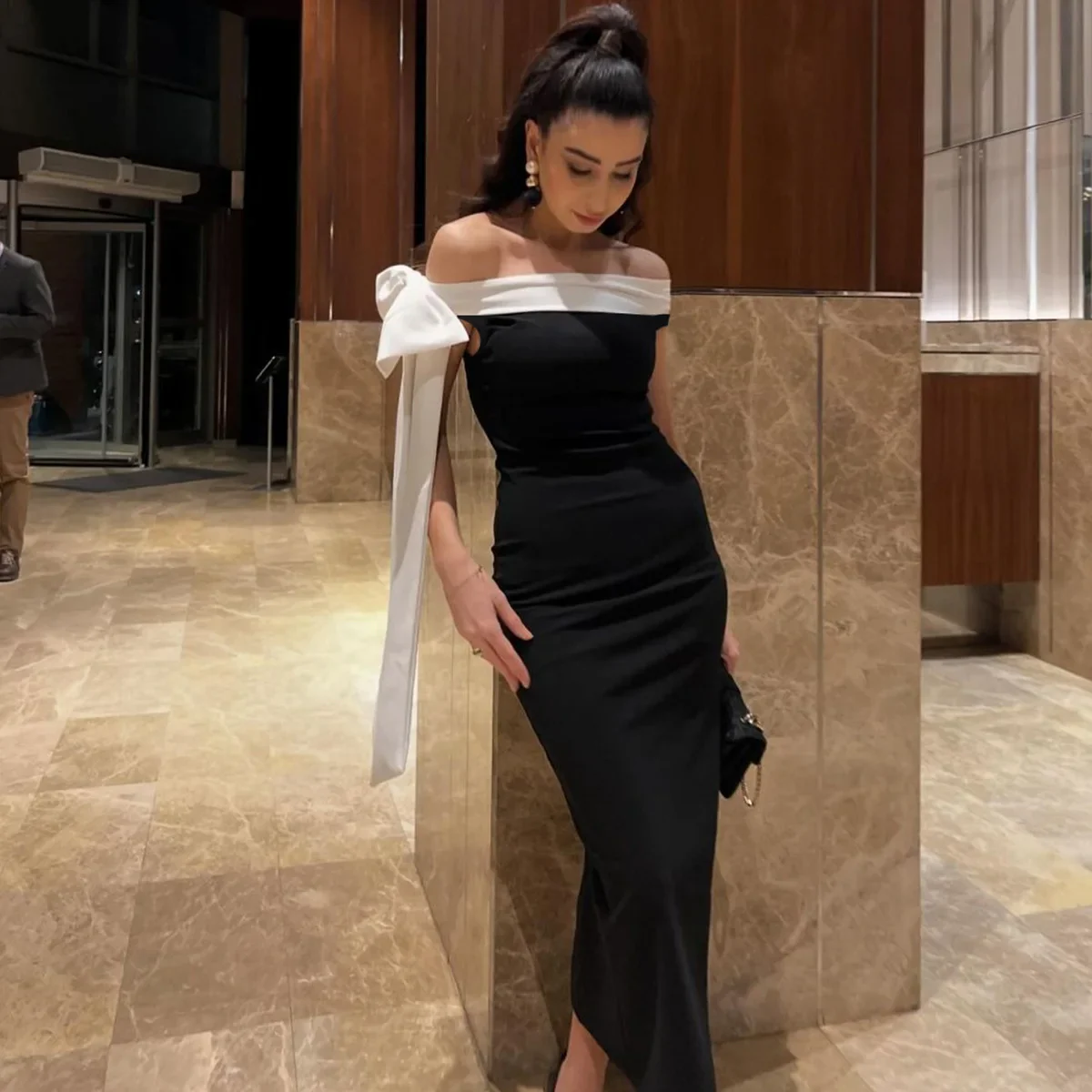 Bow Ribbon Off Shoulder Midi Dress
