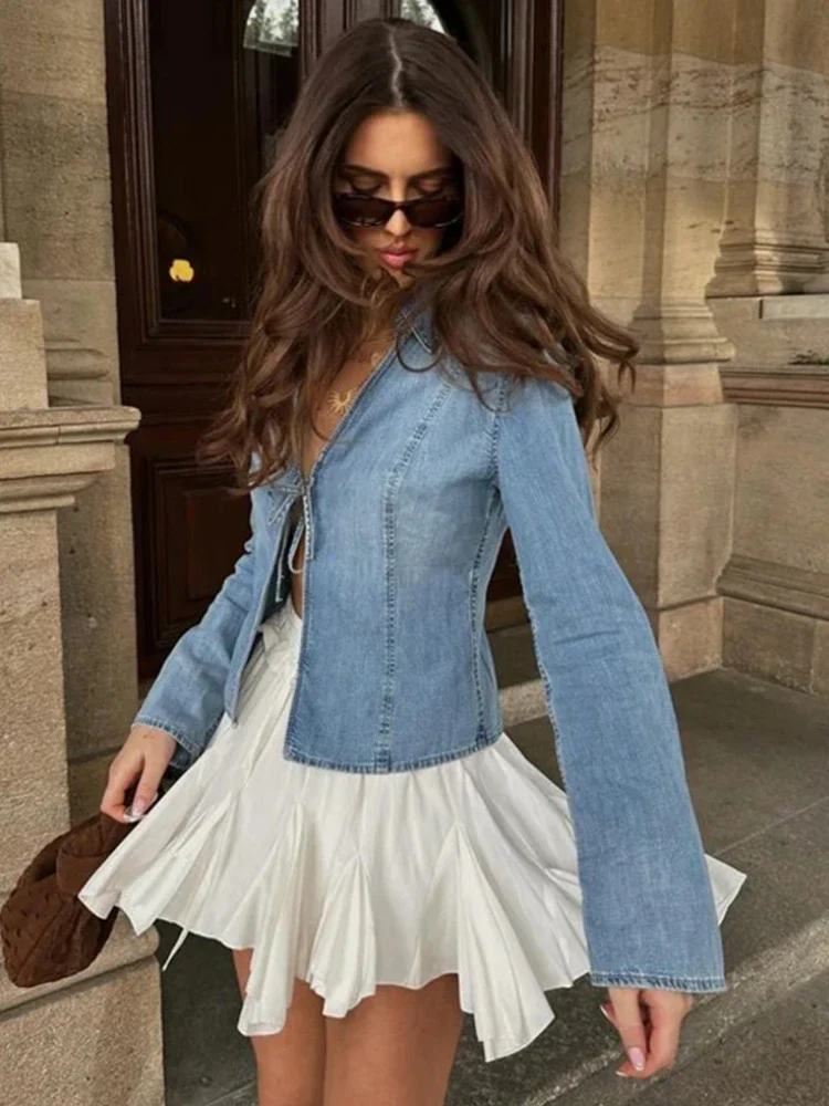 Bow Tie Denim Slim Fit Blouse - Image 4
