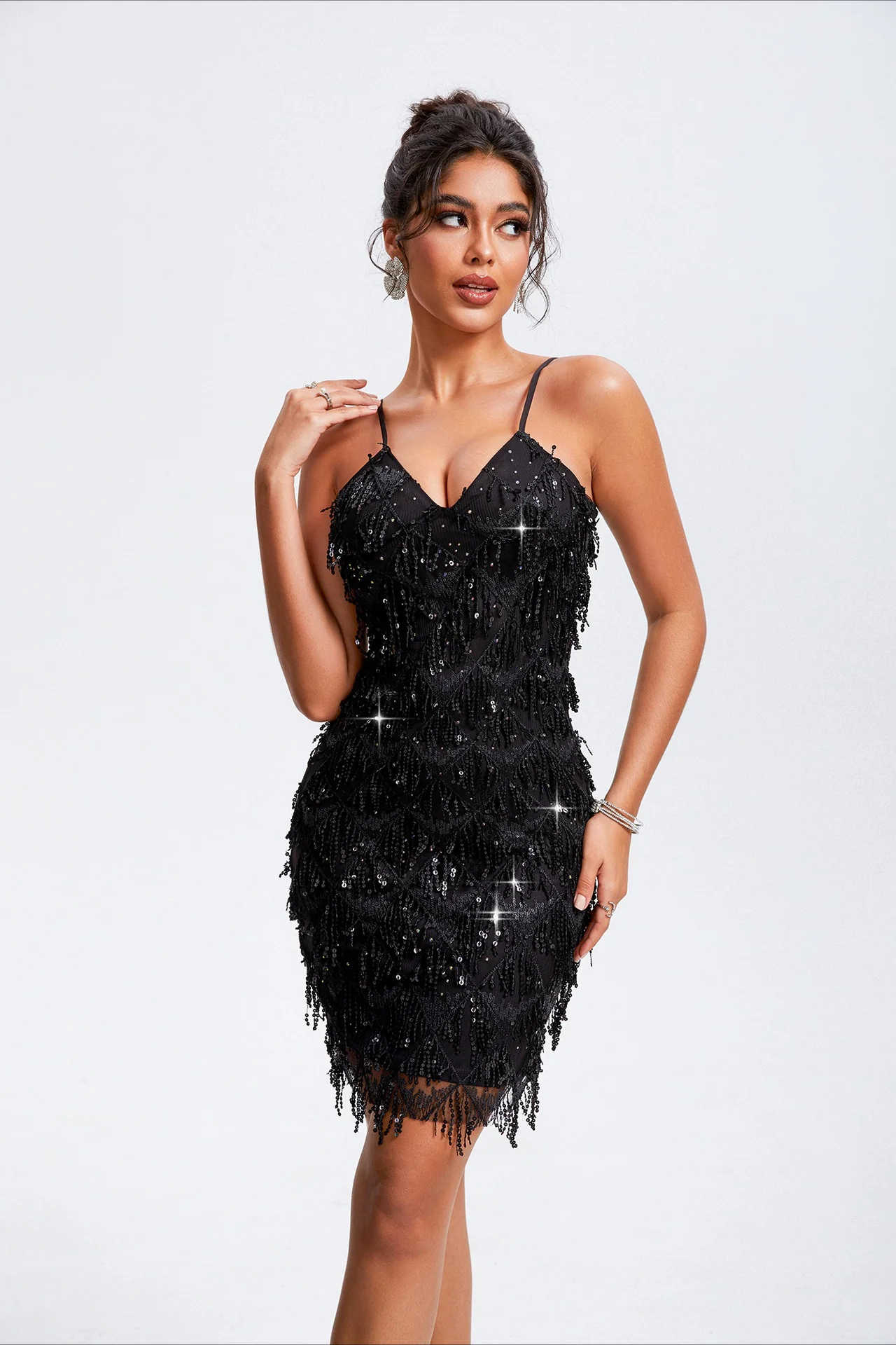 Brand Sequin Tassel Rhinestone V-Neck Sleeveless Party Dress - Image 3