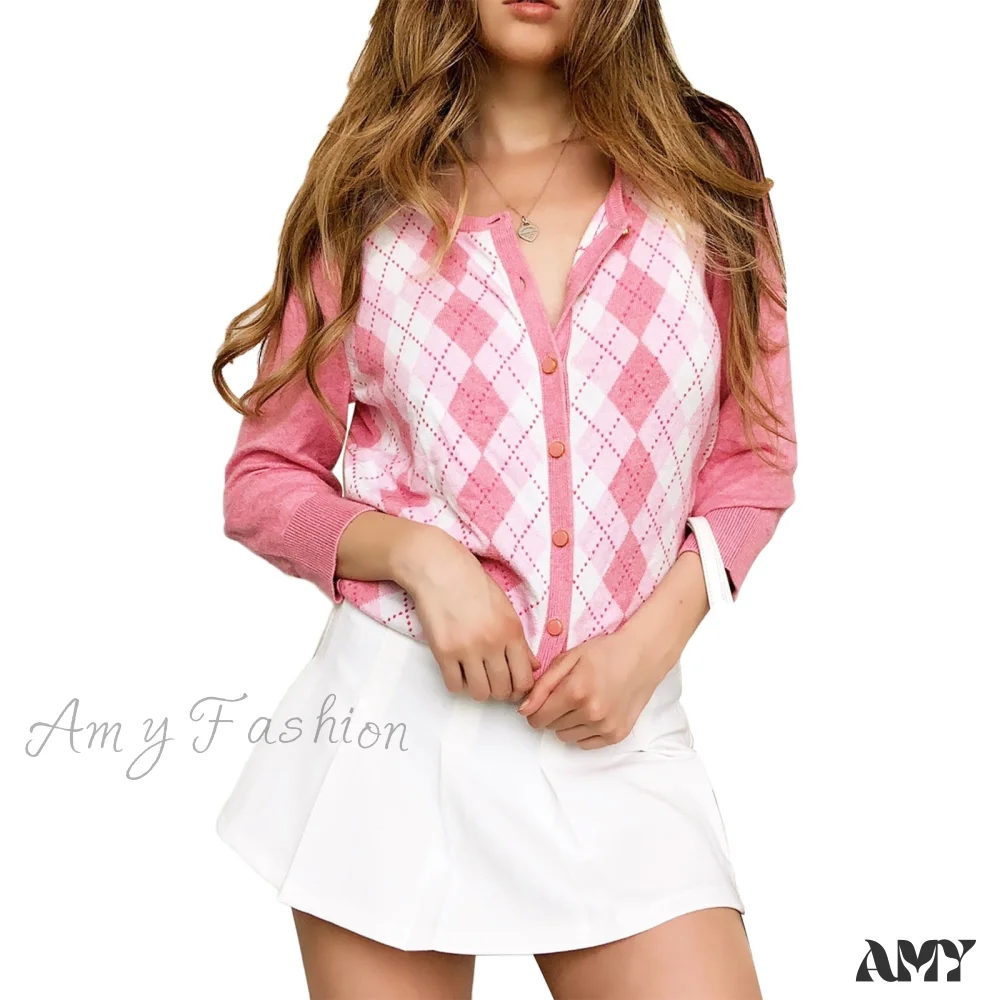 Amy Fashion - Classic Plaid Red Green Knitwear Cardigan - Image 7