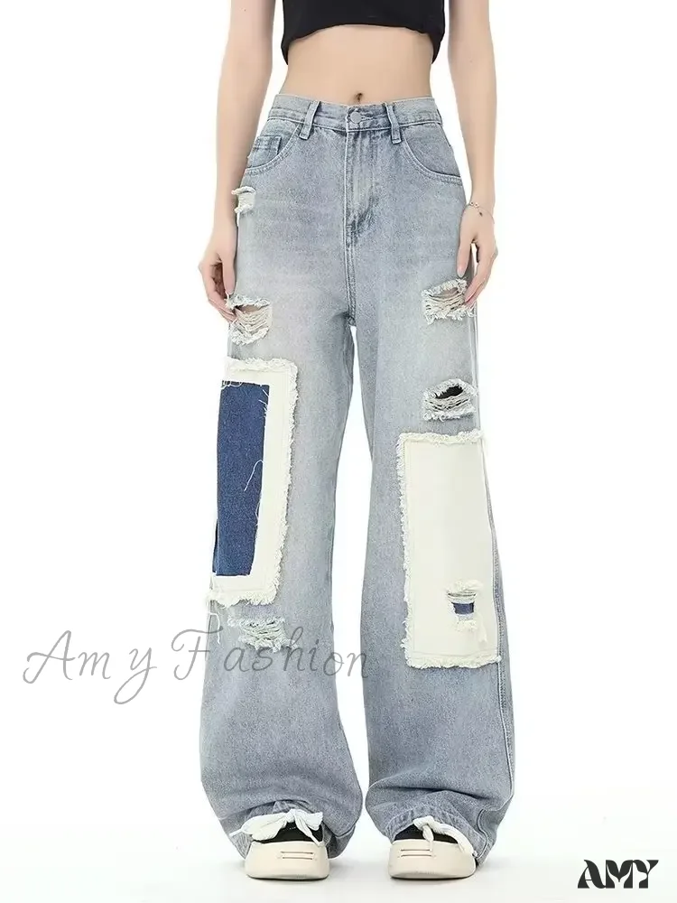 Amy Fashion - Broken Hole Patch Summer Crowd High Waist Loose Straight Leg Women's Jean