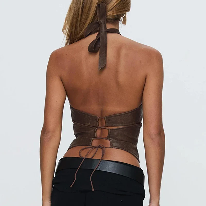 Brown Retro Lace Up Crop Top - Image 2