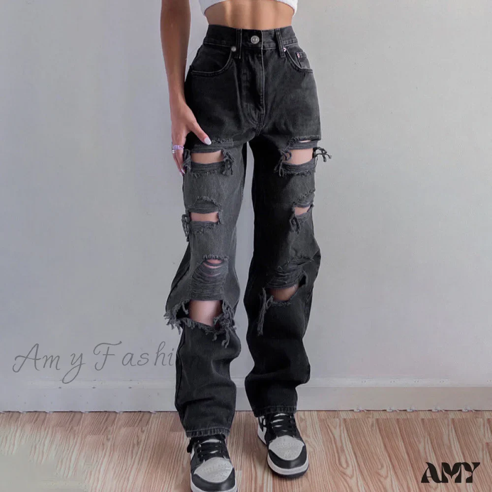 Amy Fashion - Brown Ripped Vintage Woman Distressed Jeans