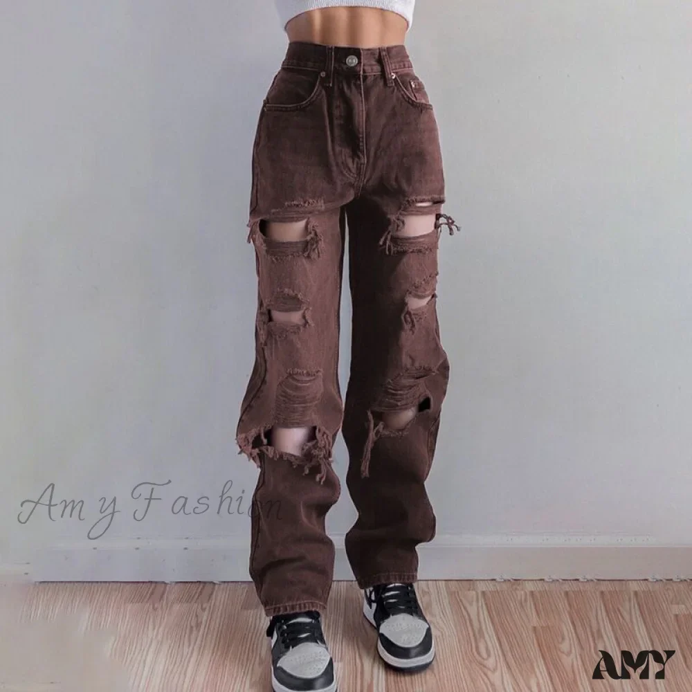 Amy Fashion - Brown Ripped Vintage Woman Distressed Jeans - Image 2