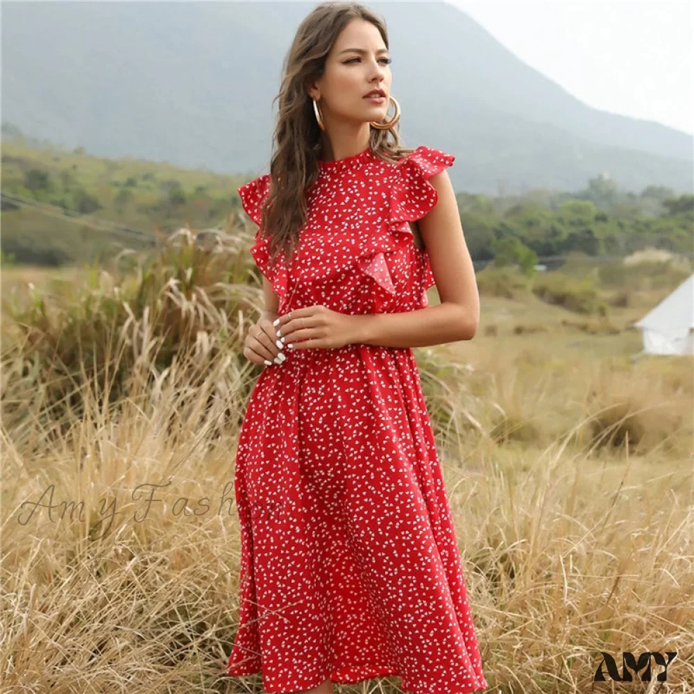 Amy Fashion - Butterfly Sleeve Ruffles Medium Long Chiffon Dress