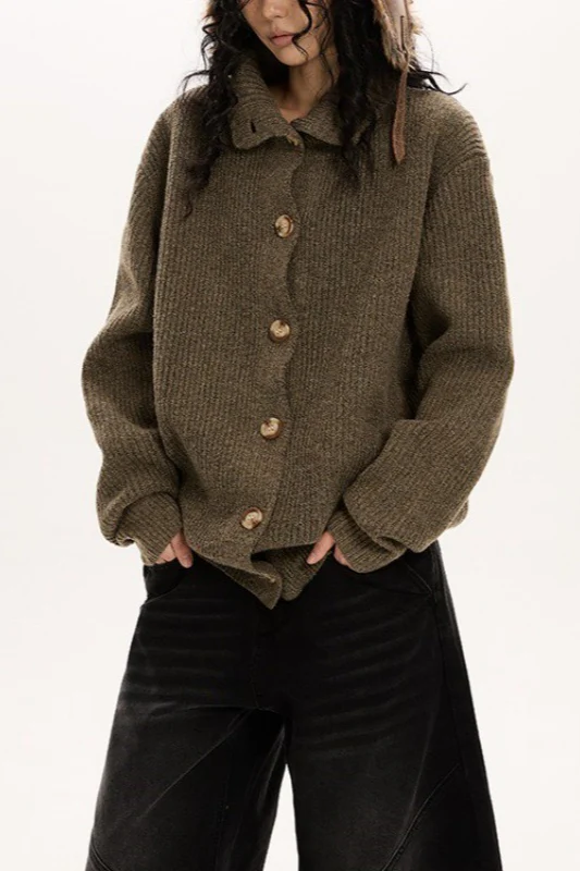 Button Collar Retro Slouchy Knit Cardigan - Image 2