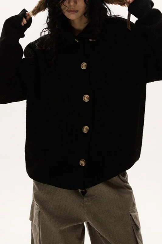 Button Collar Retro Slouchy Knit Cardigan - Image 4