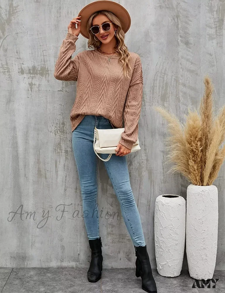 Amy Fashion - Cable Knit Tunic Sweater Crewneck Long Sleeve Sweater - Image 5