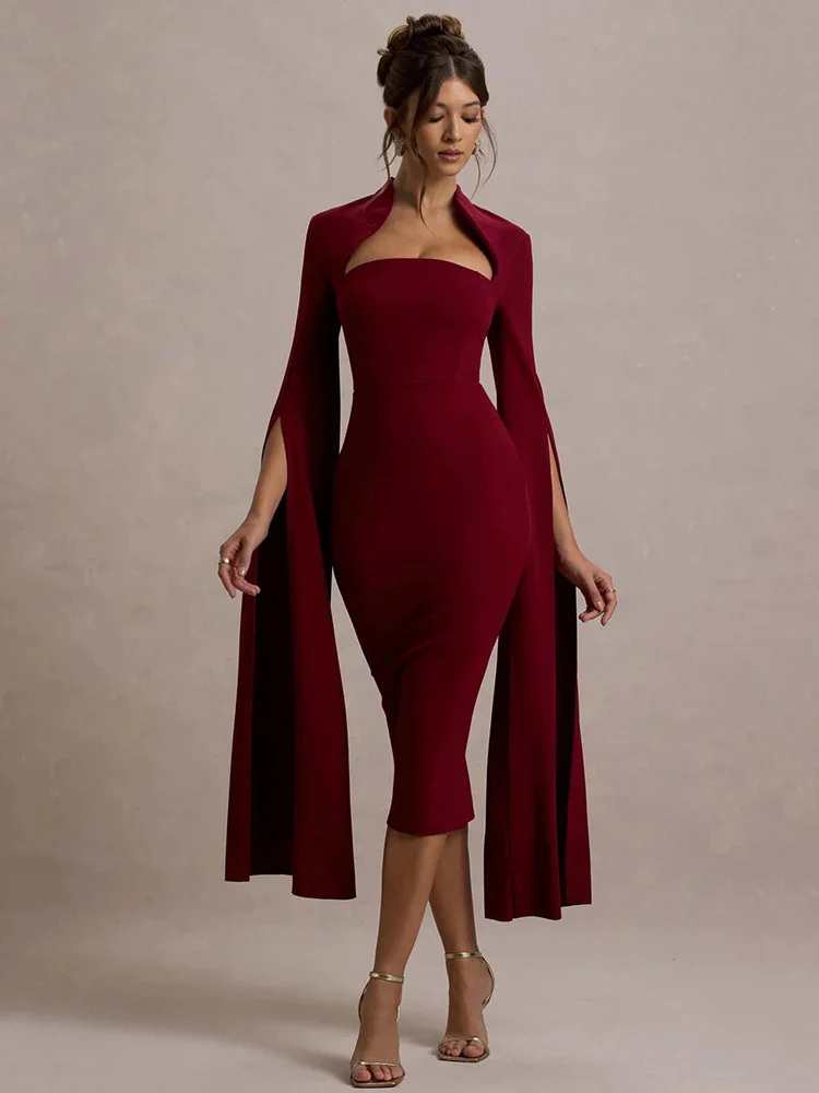 Cape Sleeve Slit Bodycon Midi Dress