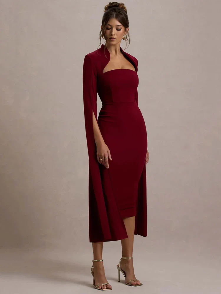 Cape Sleeve Slit Bodycon Midi Dress - Image 2