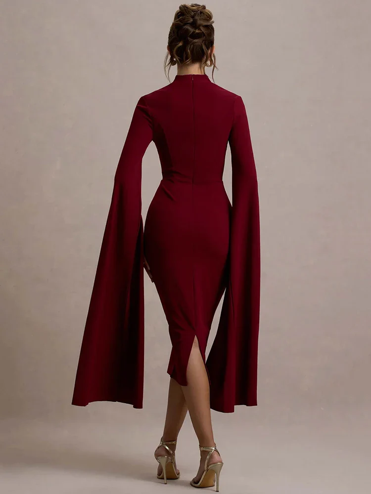 Cape Sleeve Slit Bodycon Midi Dress - Image 3