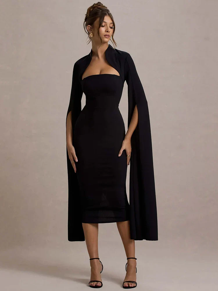 Cape Sleeve Slit Bodycon Midi Dress - Image 4