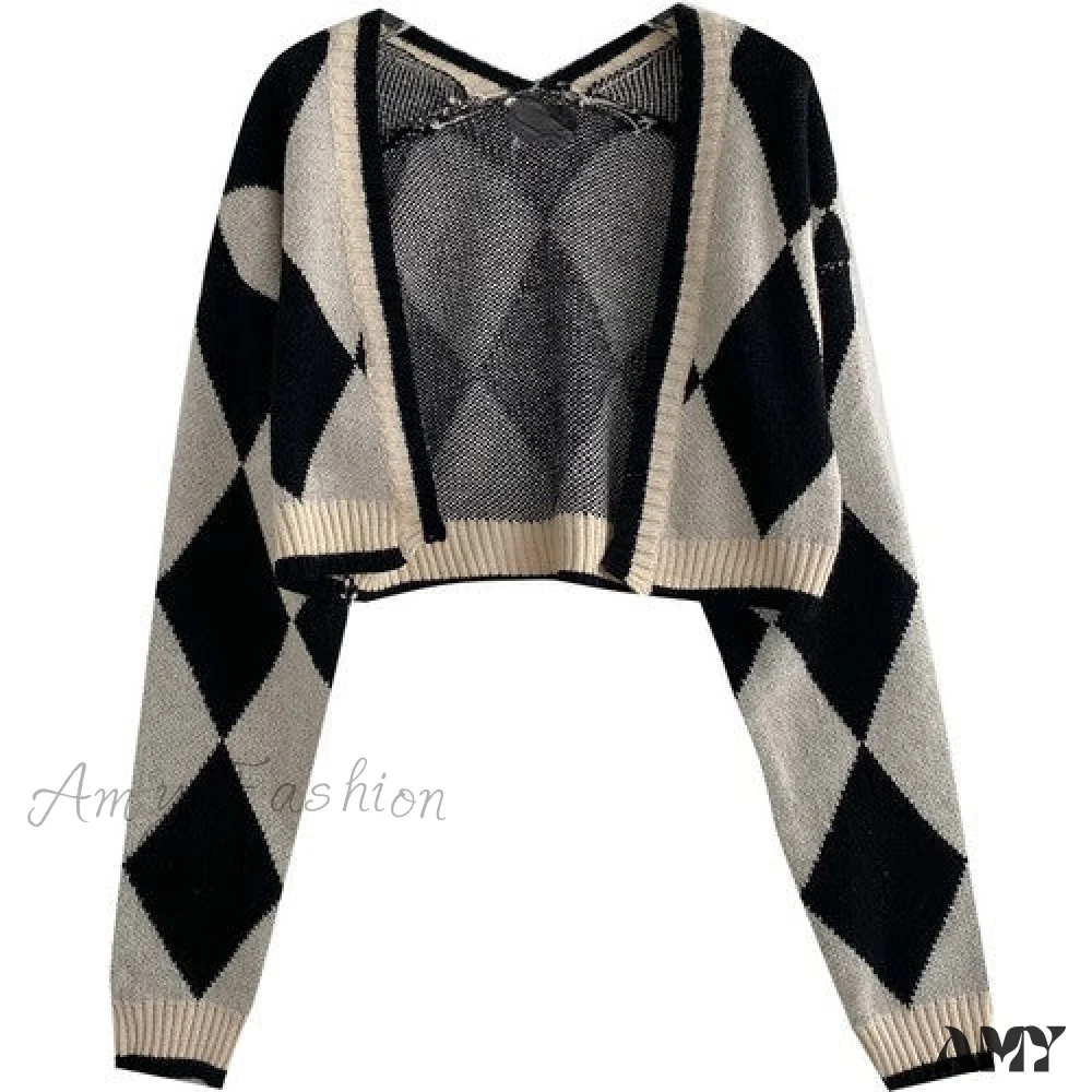 Amy Fashion - Black Blue Daily Plaid Knitwear Cardigan - Image 7