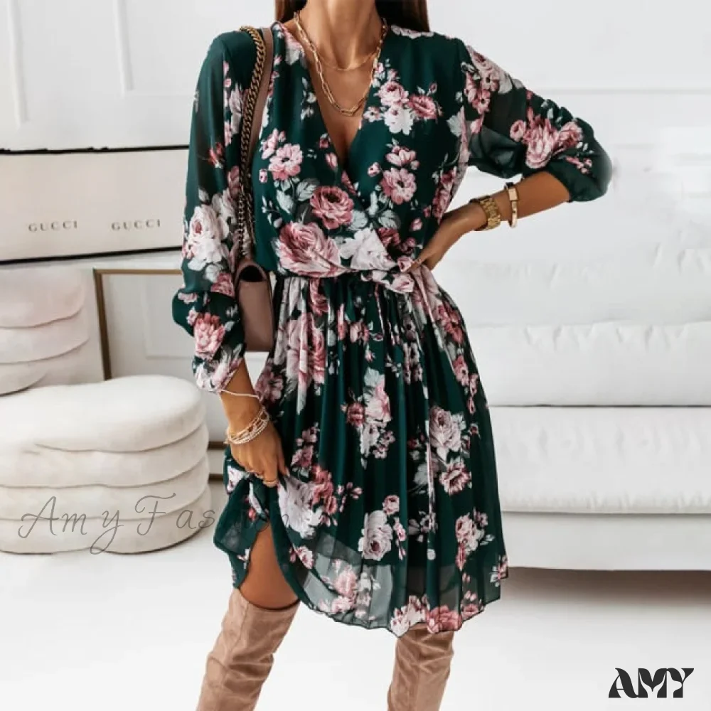 Amy Fashion - Casual Deep V Neck Green Pleated Office Dresses - Image 10