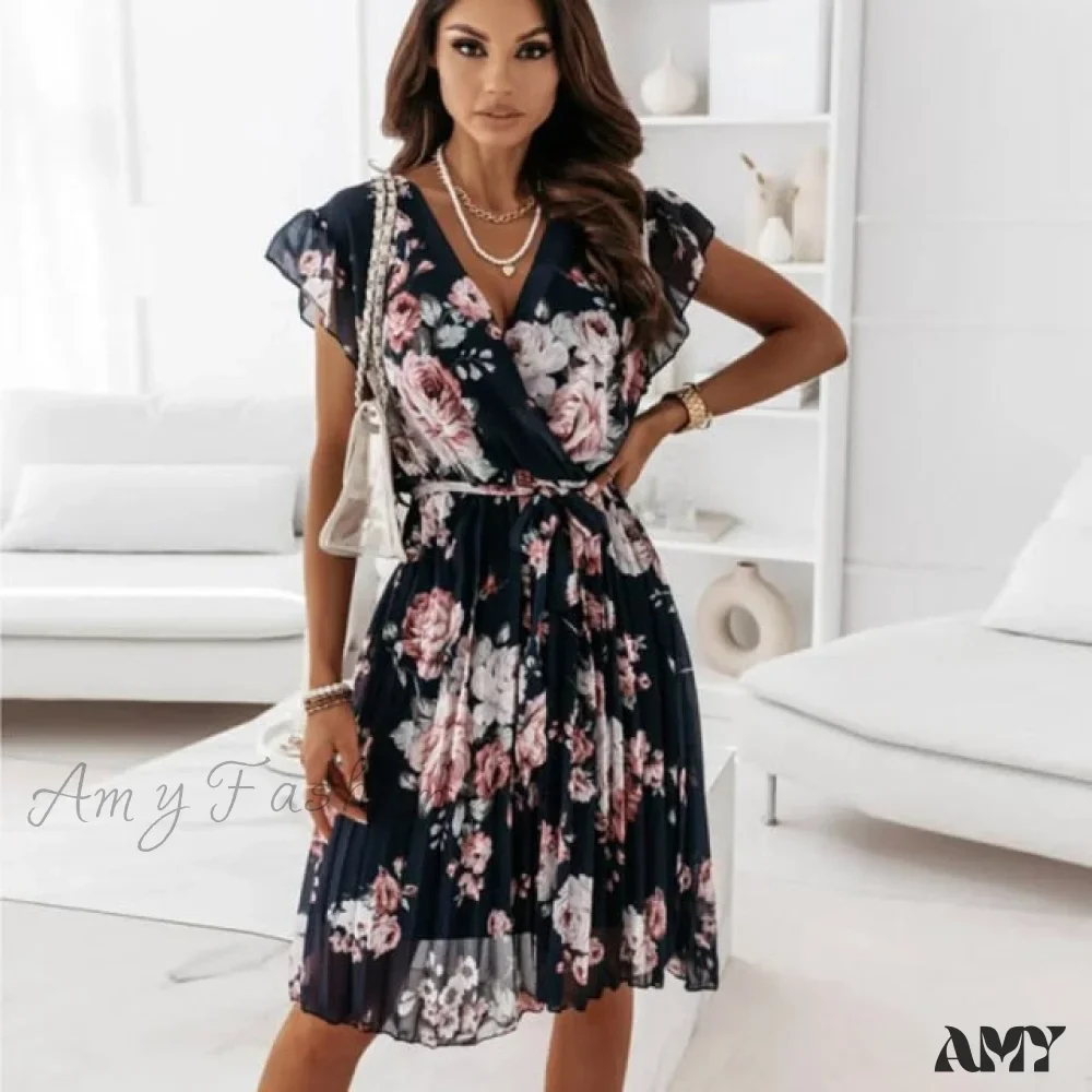 Amy Fashion - Casual Deep V Neck Green Pleated Office Dresses - Image 9
