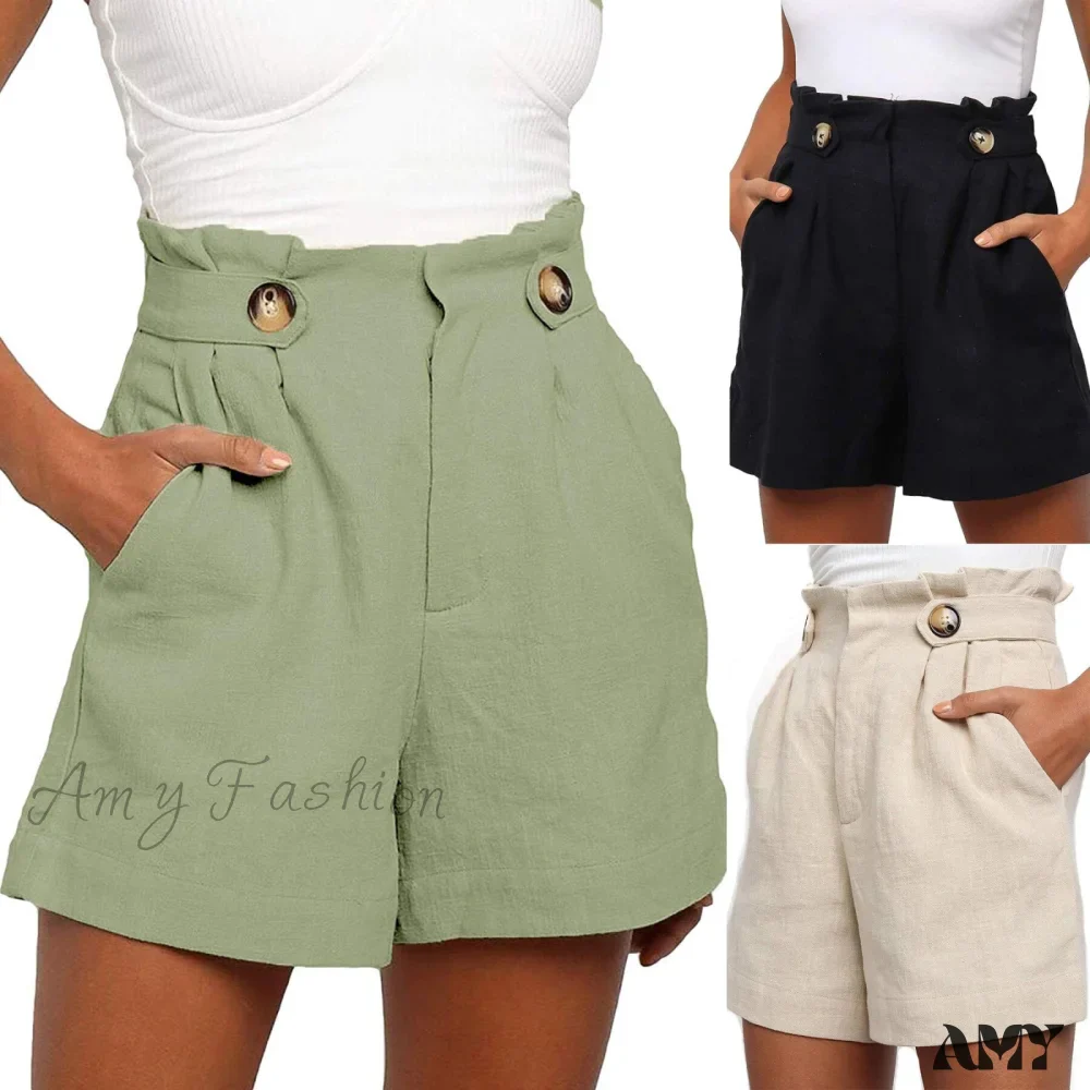 Amy Fashion - Casual High Waist Loose Cotton Hemp Shorts - Image 2