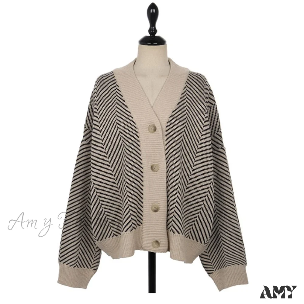 Amy Fashion - Casual Knitted Cardigan Oversize Button Front Contrast Stripe Cardigan - Image 4