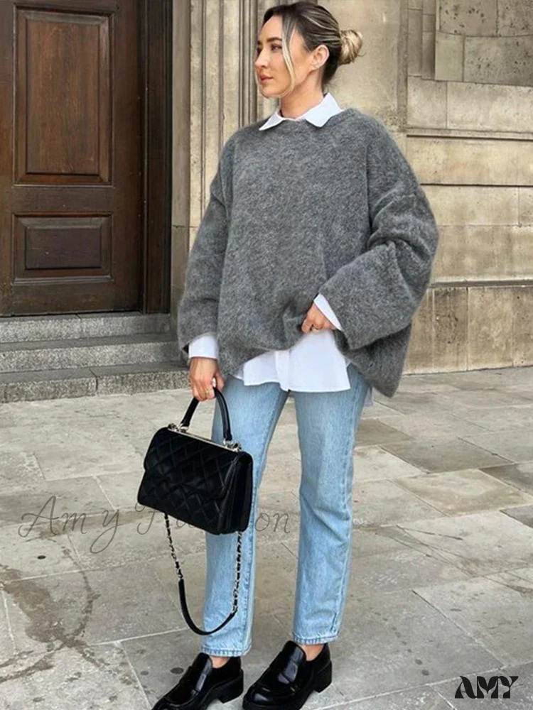 Casual Knitted Solid Women Pullover O-neck Long Sleeve Loose Female Fashion Sweater - Image 3