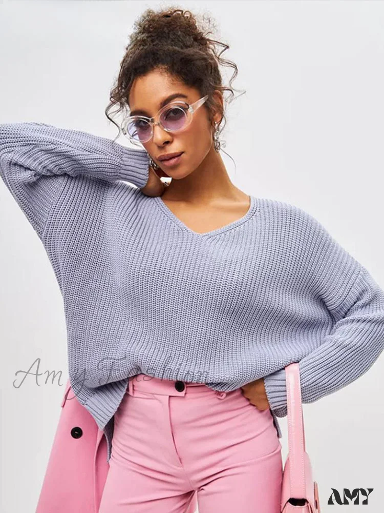 Casual Knitted Women Solid V-neck Long Sleeve Pullover 2024 Autumn Winter Soft Match All Sweater - Image 2